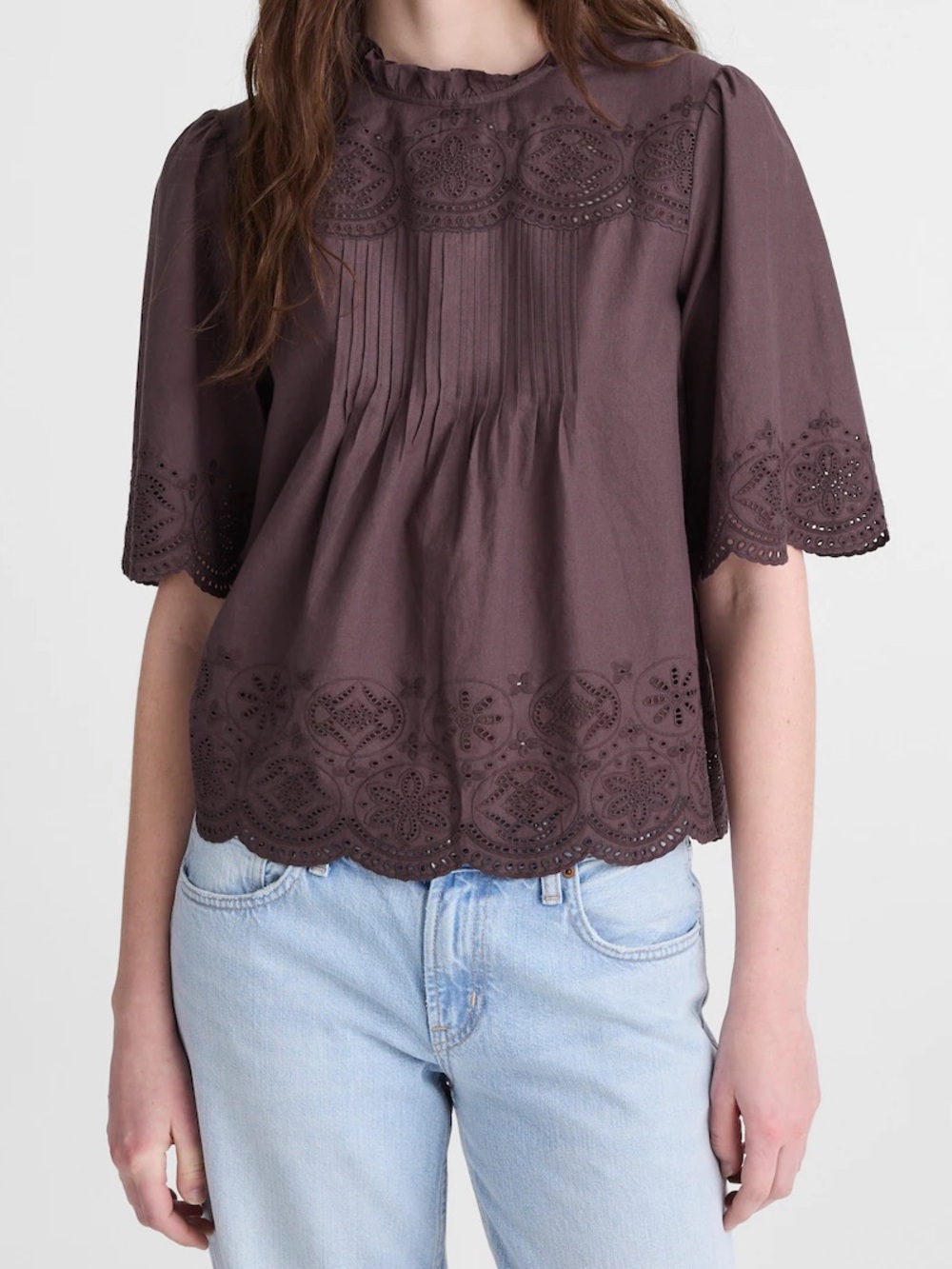 BNWT Madewell Embroidered Pintuck High-Neck Top Chocolate Plum Brown